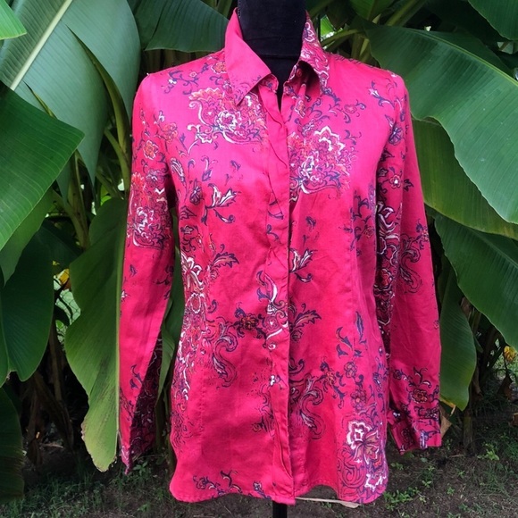Coldwater Creek Shaped Red Floral Long Sleeve Cotton Button Up Size S - Picture 1 of 4